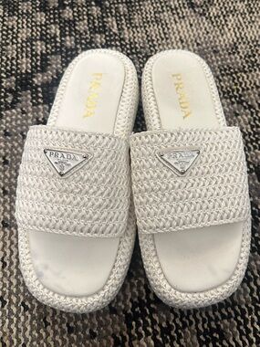Prada Platform Woven Slide Sandals with Logo